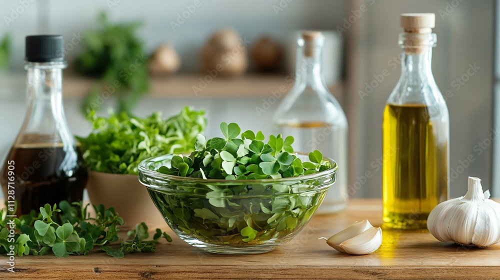 A minimalist setup with shamrock salad in a glass bowl, surrounded by olive oil bottles and fresh garlic on a wooden counter A minimalist setup with shamrock salad in a glass bowl, surrounded by olive oil bottles and fresh garlic on a wooden counter