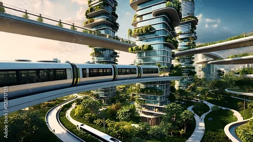 Futuristic Eco-City with Elevated Monorails, Green Buildings, Vertical Gardens, and Sustainable Urban Architecture

 photo