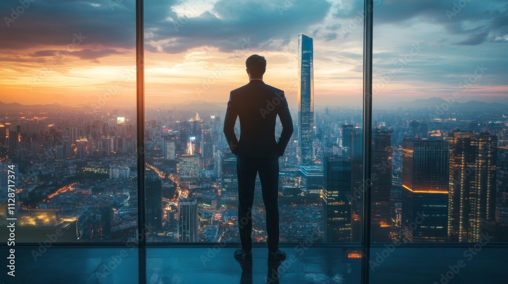 Businessman Contemplating City Skyline at Sunset Businessman Contemplating City Skyline at Sunset
