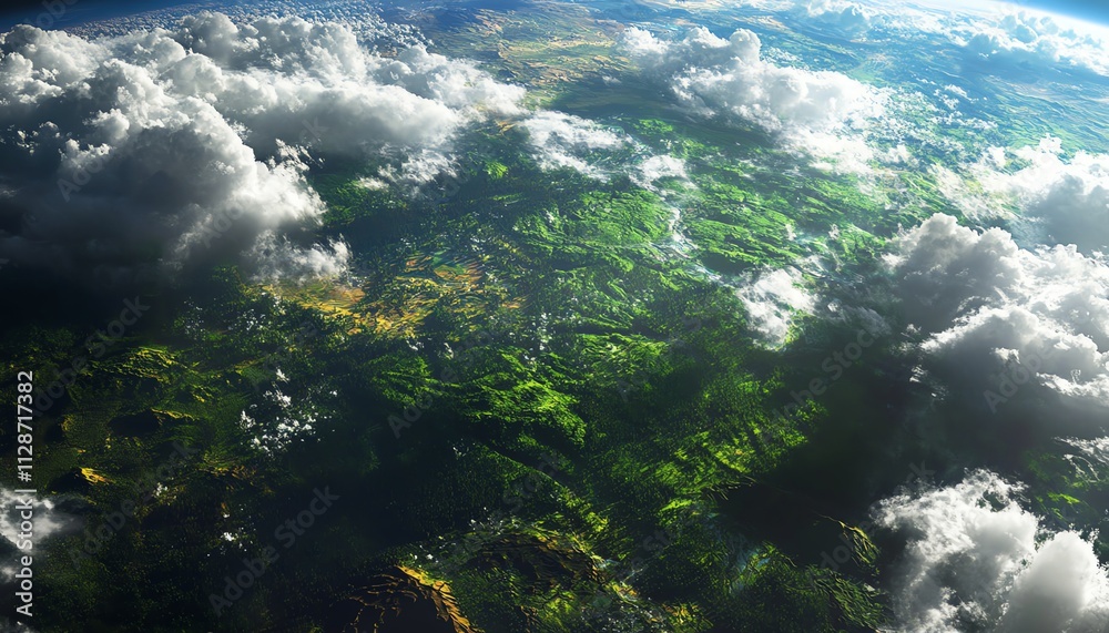 A breathtaking view of Earth cradled by lush greenery and fluffy white clouds A breathtaking view of Earth cradled by lush greenery and fluffy white clouds