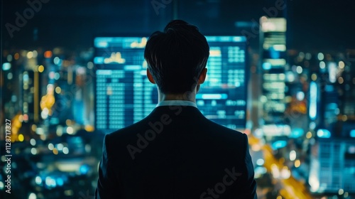 Man in Suit Looking Out Window at Night Cityscape