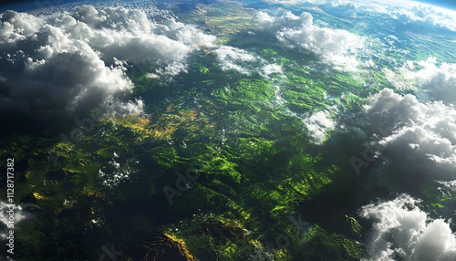 A breathtaking view of Earth cradled by lush greenery and fluffy white clouds