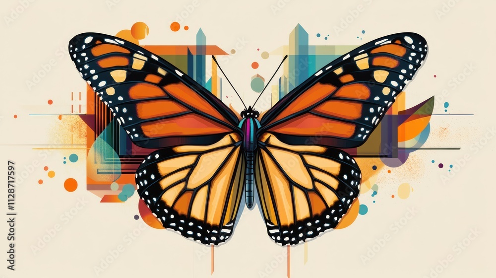 Obraz premium An artistic vector depiction of Monarch butterfly wings, styled with bold geometric shapes and patterns. The modern approach adds a unique touch to wall art