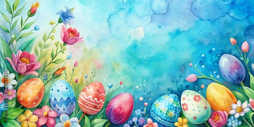 A vibrant watercolor illustration of colorful Easter eggs nestled amidst blooming flowers and delicate foliage on a serene blue background. photo