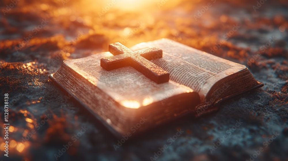 Soft golden rays illuminate a cherished book with a wooden cross, evoking peace and reflection Soft golden rays illuminate a cherished book with a wooden cross, evoking peace and reflection