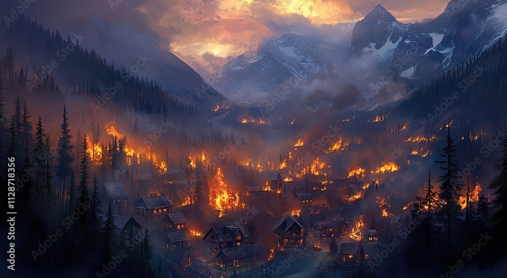 a town near mountains, with a forest fire on the mountain in the background and houses burning at night a town near mountains, with a forest fire on the mountain in the background and houses burning at night