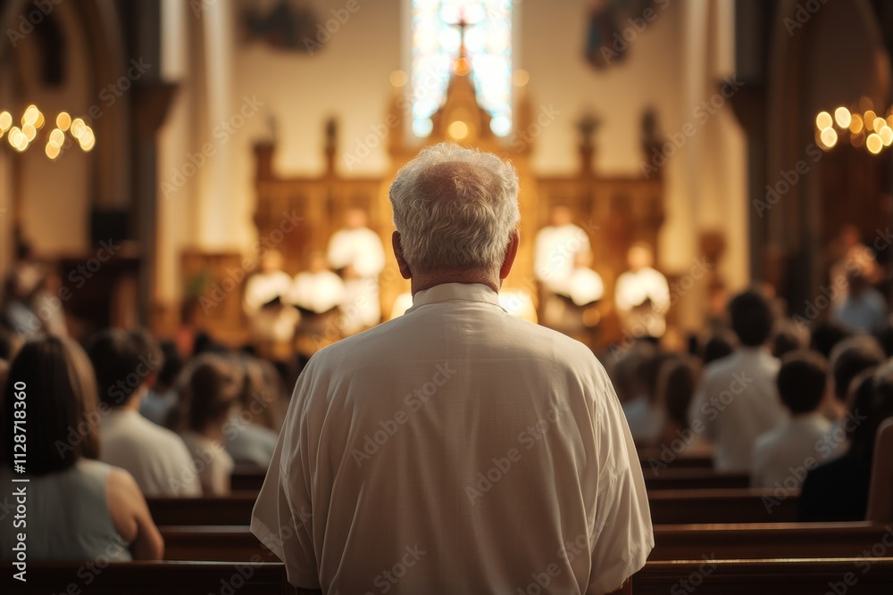 Priest leading a congregation in worship, with choir and stained glass background, highlighting spirituality, religious tradition, and community gathering. Priest leading a congregation in worship, with choir and stained glass background, highlighting spirituality, religious tradition, and community gathering.