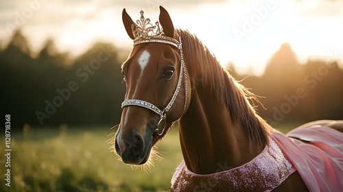 A graceful horse wearing a princess tiara and a glittery sash standing in a green pasture. photo