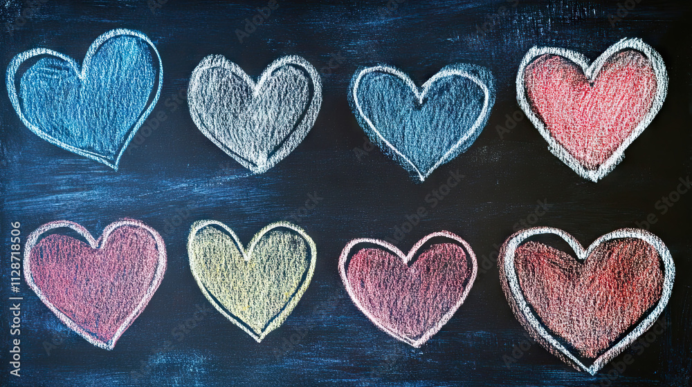 8 heart shapes drawn with chalk on a blackboard