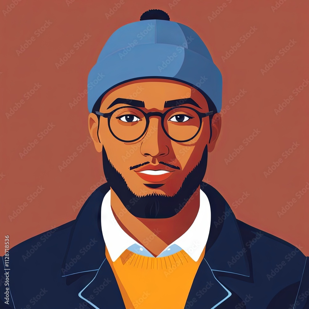 Digital portrait of a young man wearing a beanie and glasses, smiling against a warm backdrop Digital portrait of a young man wearing a beanie and glasses, smiling against a warm backdrop