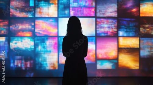 Silhouette of a woman standing before vibrant digital screens