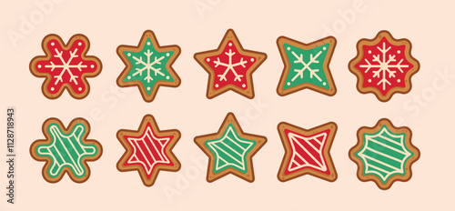 set Christmas gingerbread cookies shaped like snow and stars, new year decoration suitable for posters and web icons