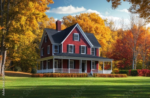 A red house with white trim and black roof sits in the center of an idyllic New England landscape