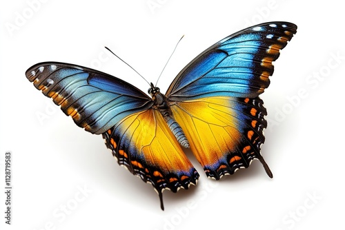 An single, stunning blue, yellow, orange butterfly in flight on a white backdrop. Generative Ai