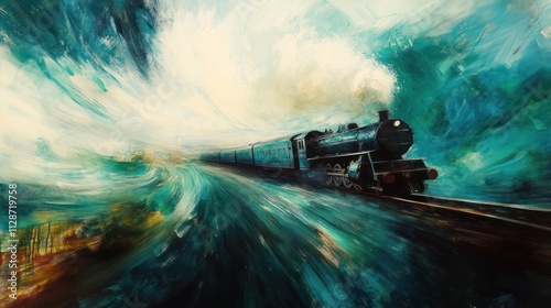 A Whirlwind Journey: An Impressionistic Painting of a Vintage Steam Train Racing Through a Dynamic Teal Landscape photo