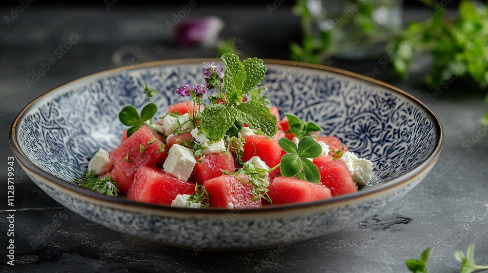 Shamrock salad with watermelon cubes and feta cheese, served in a vintage bowl with decorative mint sprigs Shamrock salad with watermelon cubes and feta cheese, served in a vintage bowl with decorative mint sprigs