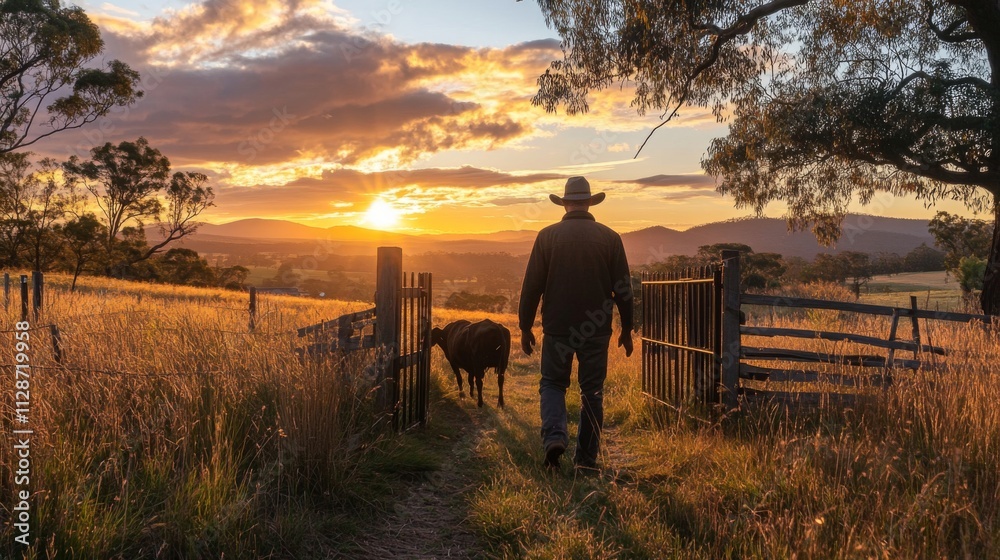 Cowboy Walking Towards the Sunset with Cattle Cowboy Walking Towards the Sunset with Cattle