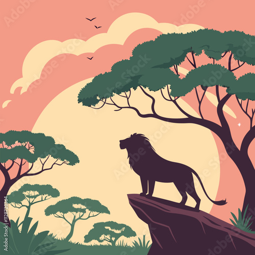 Lion Silhouette Against a Tropical Jungle Sunset Silhouette of a lion standing on a rock ledge against a jungle sunset 