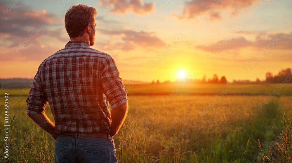 Man in Plaid Shirt Gazing at Sunset Over a Field Man in Plaid Shirt Gazing at Sunset Over a Field