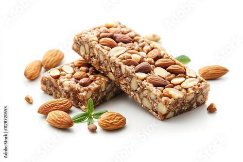 An isolated view of a protein snack energy bar made from almonds on a white background. Generative Ai