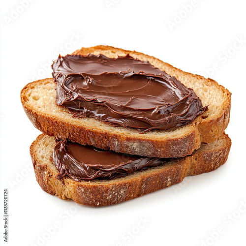 Two slices of bread with chocolate spread, isolated on a white background