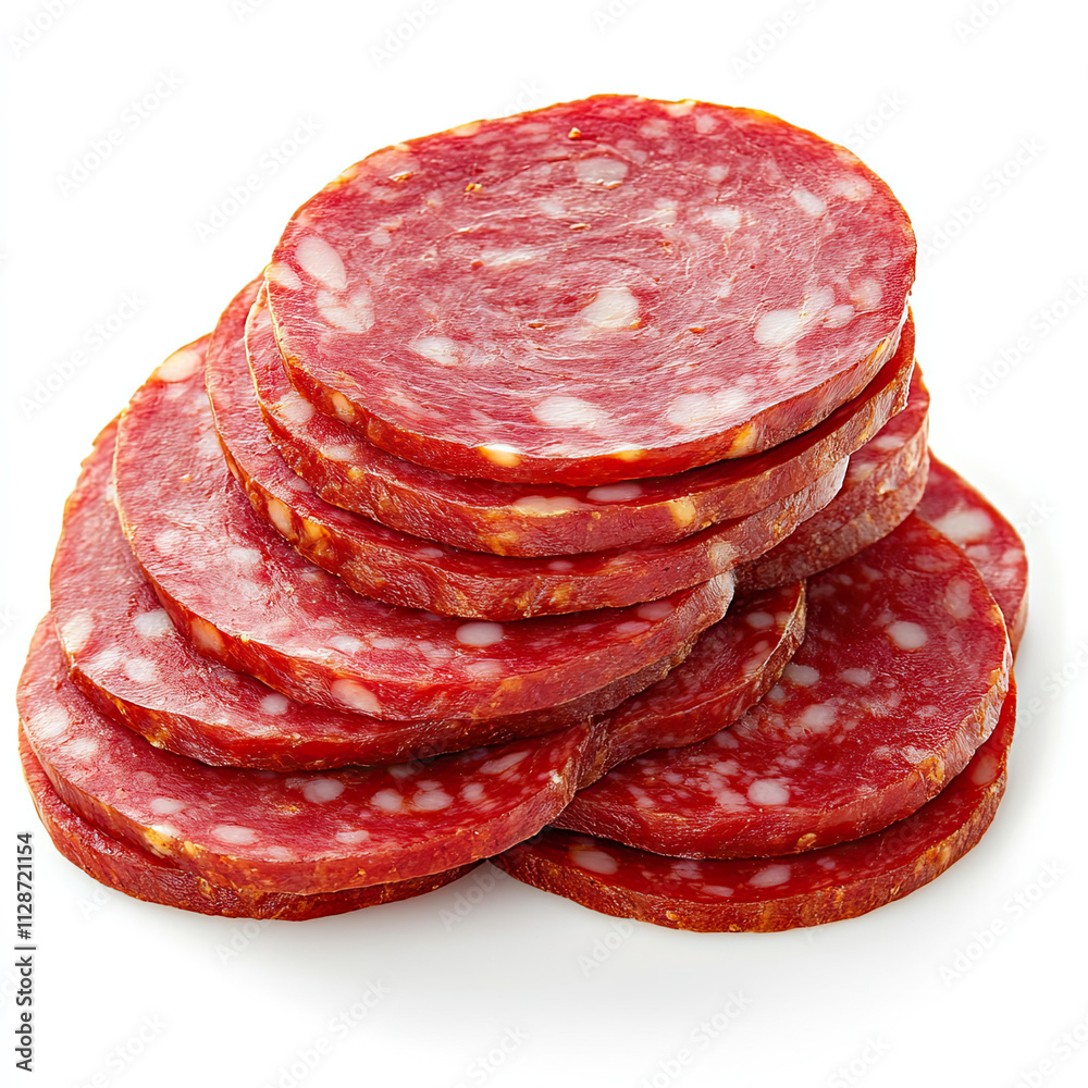 Slices of salami stacked on top of each other, isolated on a white background Slices of salami stacked on top of each other, isolated on a white background