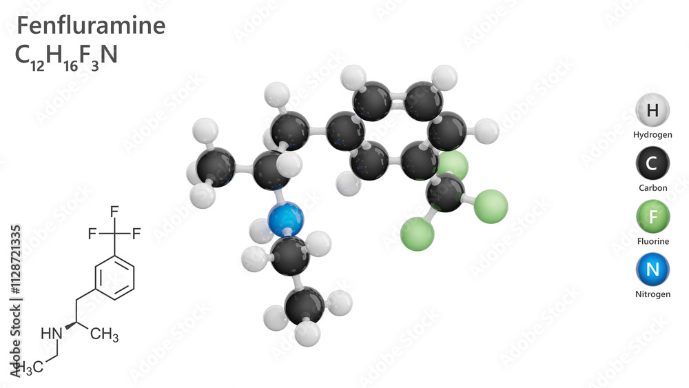 Molecule: Fenfluramine. Appetite suppressant. Molecular structure. Formula: C12H16F3N. Chemical model: Ball and stick. White background. 3D illustration. Molecule: Fenfluramine. Appetite suppressant. Molecular structure. Formula: C12H16F3N. Chemical model: Ball and stick. White background. 3D illustration.