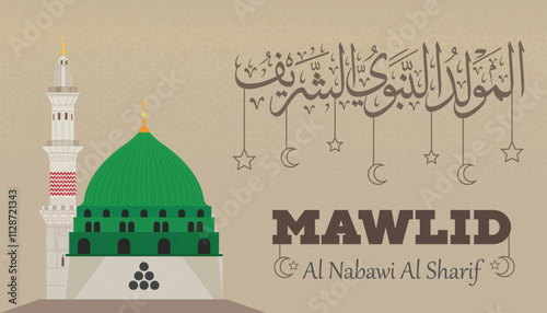 al mawlid al nabawi al sharif madina green dome minaret illustration design