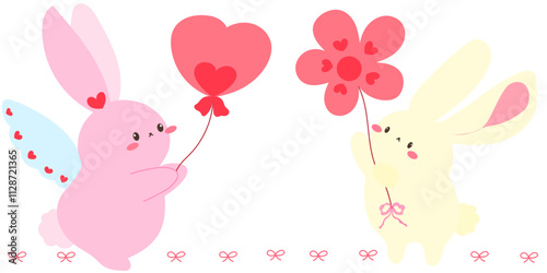 cute bunnies holding heart and flower balloons with pink ribbon accents