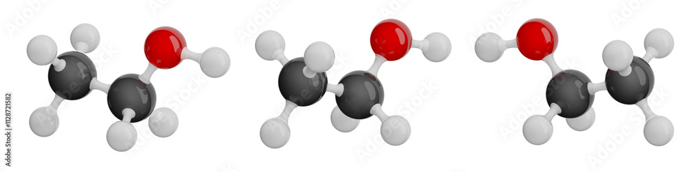 Molecule of Ethanol (Alcohol) . Set of views. Molecular formula: C2H5OH. Chemical model: Ball and Stick. Isolated. Transparent background. PNG transparent. 3D illustration Molecule of Ethanol (Alcohol) . Set of views. Molecular formula: C2H5OH. Chemical model: Ball and Stick. Isolated. Transparent background. PNG transparent. 3D illustration