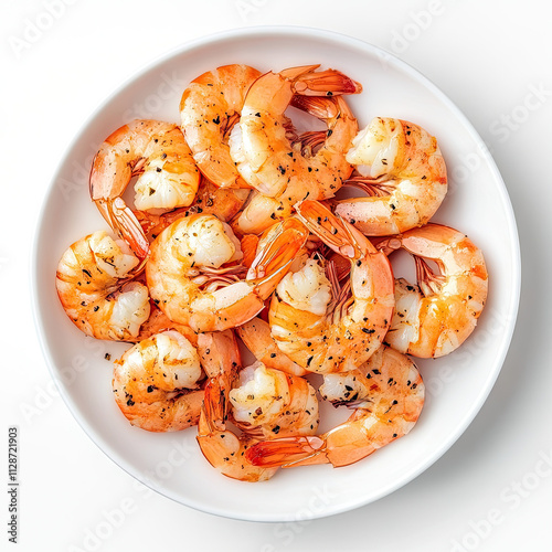 A plate of shrimp with black pepper, white background, top view