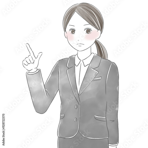 指をさしポイントを強調して説明する女性新入社員の水彩風イラスト