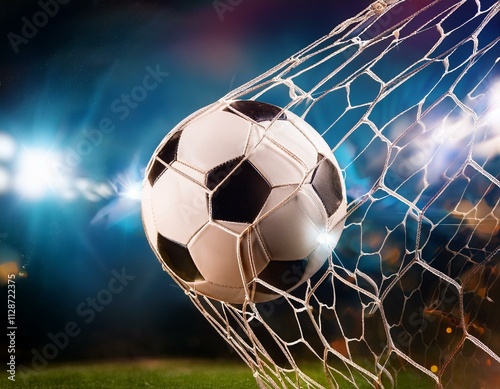Soccer ball in goal on grass with blured background