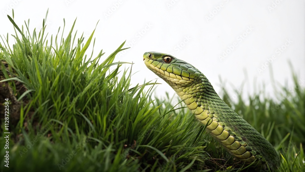 Fototapeta premium Captivating Green Snake Camouflaged in Grass Against a White Background - Stunning Low Light Photography for Nature Enthusiasts