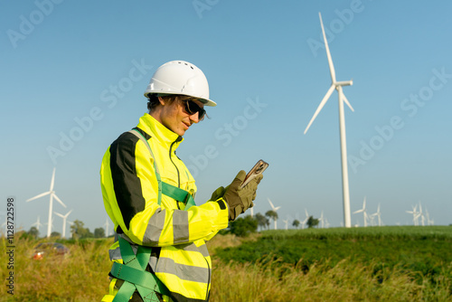 Close up wind turbine or windmill engineer worker use mobile phone and look forward during work in the field with row of wind turbine in the background.