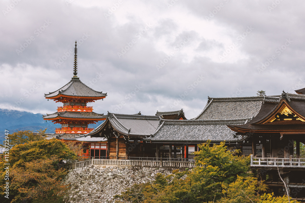 Sanjunoto pagoda of Kiyomizu-dera Temple under heave autumn clouds. Sanjunoto pagoda of Kiyomizu-dera Temple under heave autumn clouds.