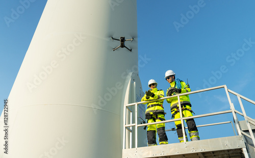 Two wind turbine or windmill workers or engineer stand on base of the pole and one control drone with discuss together in workplace field. photo