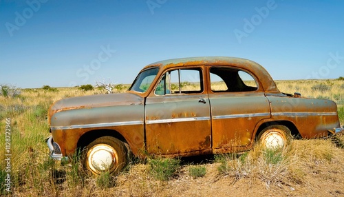 Rustic Car in a Tranquil Field Landscape
