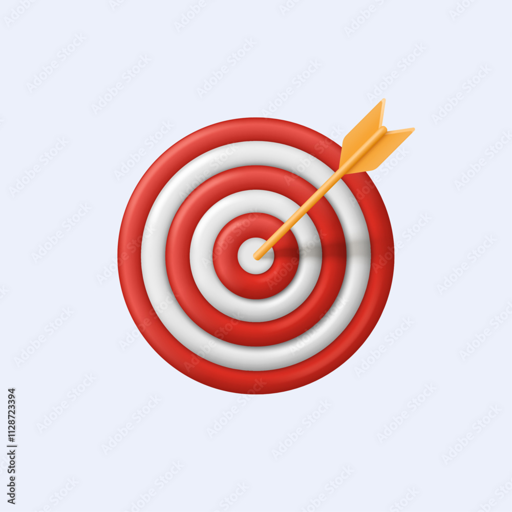 Arrow hit the target center. Concept of success of achieving a goal in business or finance. Cartoon minimalistic 3d style. Vector illustration. Arrow hit the target center. Concept of success of achieving a goal in business or finance. Cartoon minimalistic 3d style. Vector illustration.