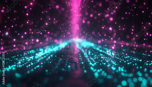 A dark void filled with neon light droplets in a rhythmic pattern of magenta and turquoise, evoking a sense of motion and depth in the dark space.