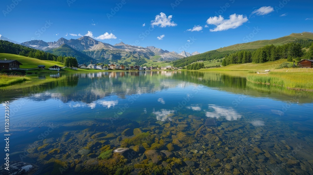 The serene landscape of the Engadine Valley, with its picturesque villages, clear lakes, and rolling hills The serene landscape of the Engadine Valley, with its picturesque villages, clear lakes, and rolling hills