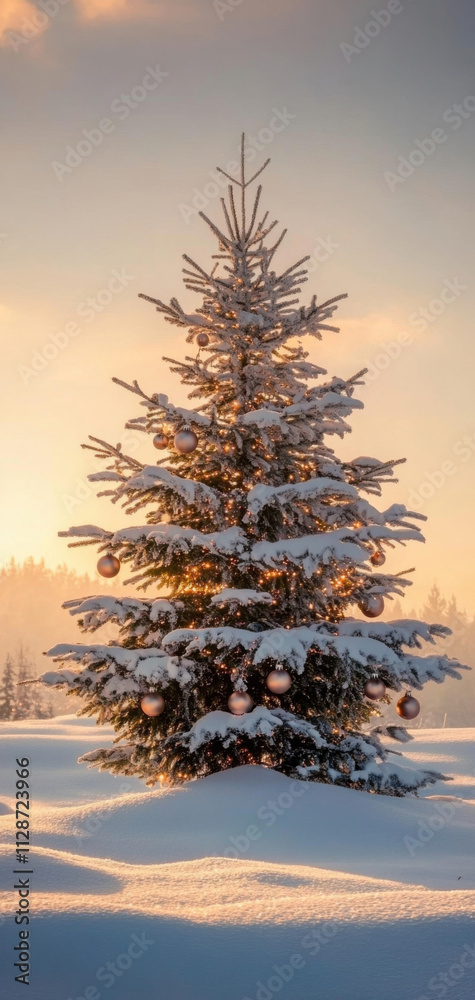Festive Snow Covered Christmas Tree at Sunrise Festive Snow Covered Christmas Tree at Sunrise