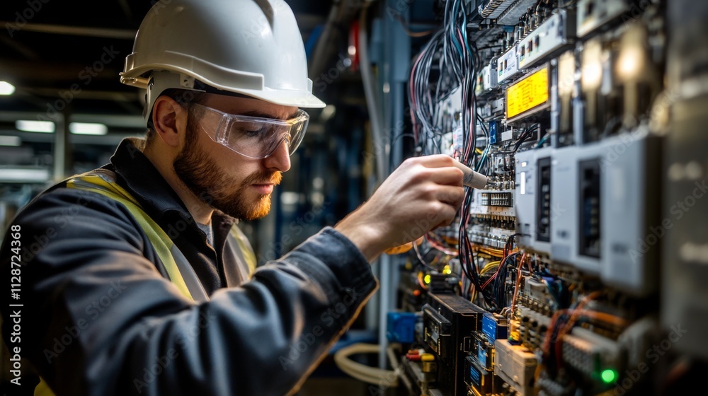 Electrical engineer working on control panel in modern industrial environment Electrical engineer working on control panel in modern industrial environment