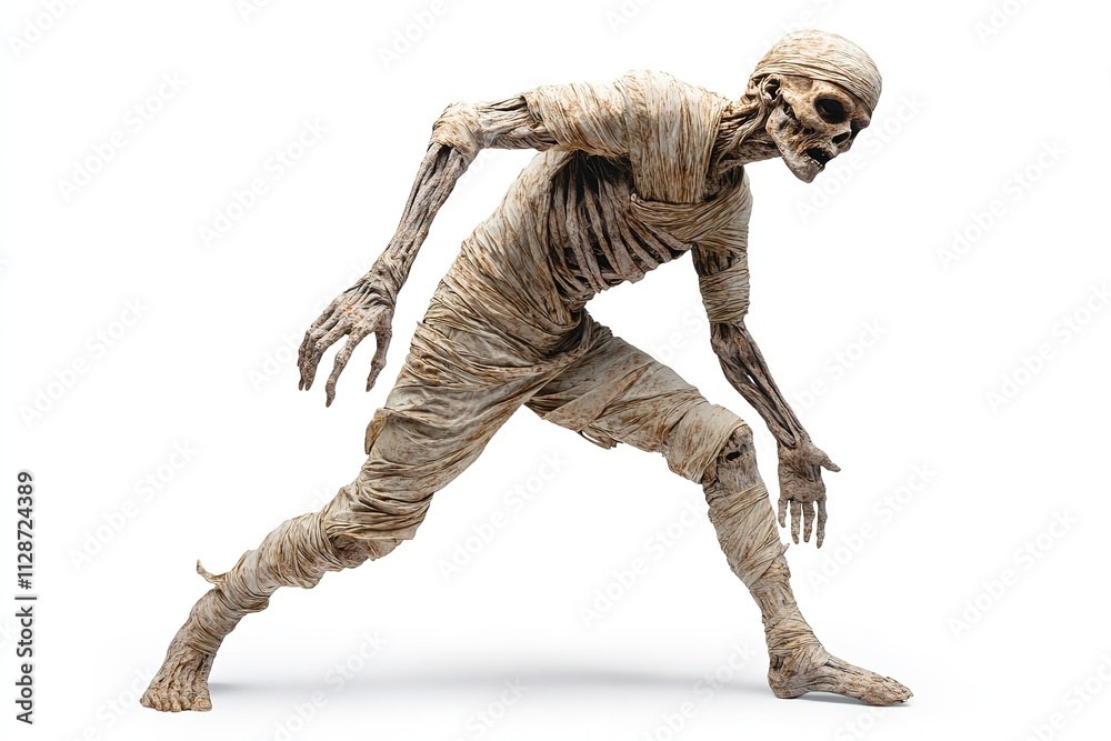 Isolated on a white backdrop is a realistic ancient undead walking mummy in a dynamic pose. Generative Ai Isolated on a white backdrop is a realistic ancient undead walking mummy in a dynamic pose. Generative Ai