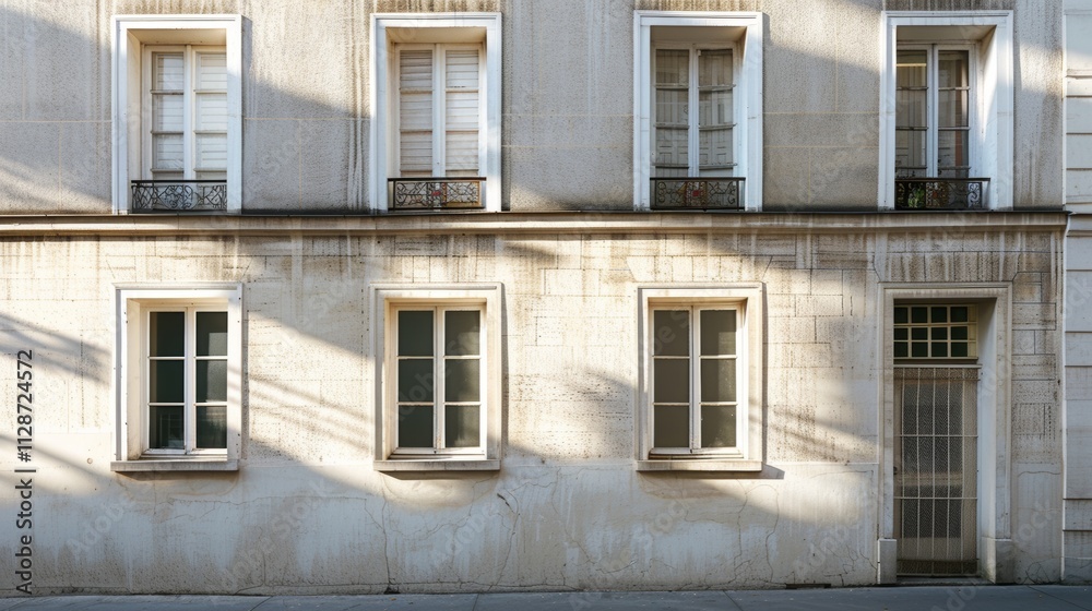 Obraz premium Parisian minimalist building, facing a wall with windows and doors, sunny afternoon light, serene atmosphere, no people present.