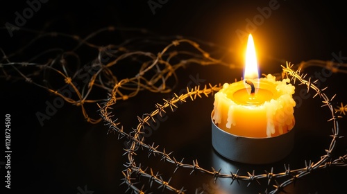 Holocaust memory day Arbed wire and burning candle on black background photo