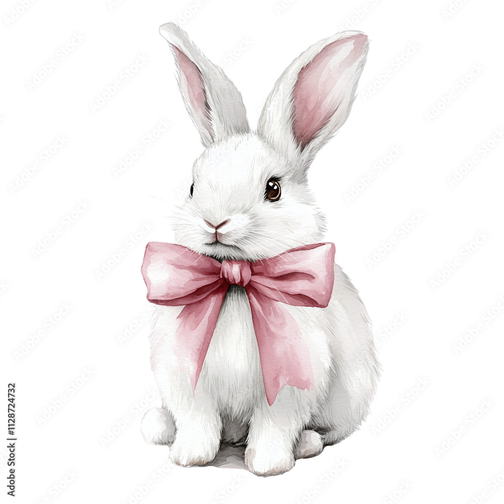 Obraz premium A watercolor illustration of a white bunny with a pink bow. Perfect for Christmas cards, nursery decor, festive designs, and seasonal creative projects