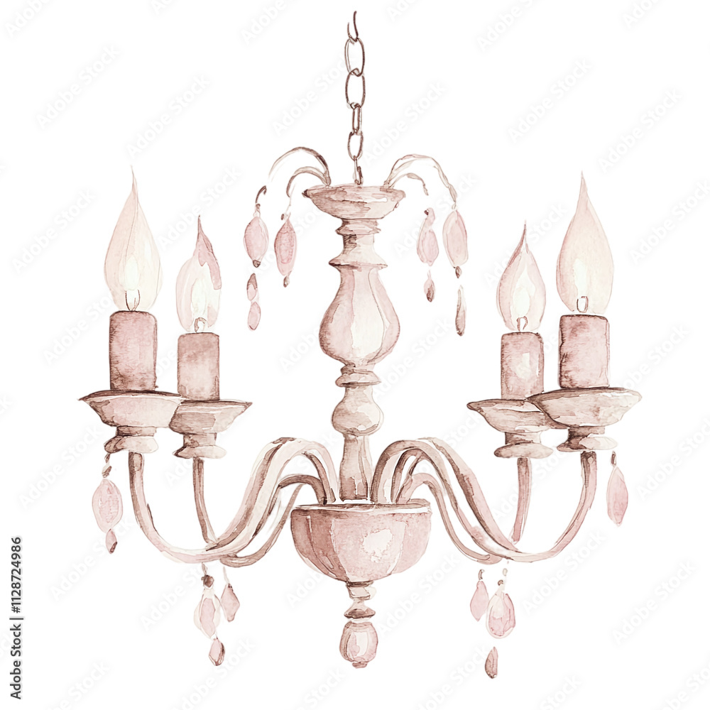 A watercolor illustration of a pink chandelier with multiple candles and intricate crystal ornaments. Perfect for festive decorations and elegant seasonal designs