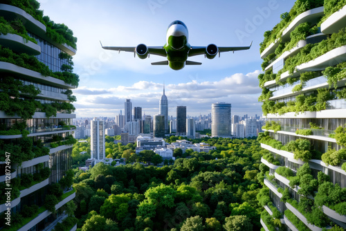 A plane flying over a city with a green roofed building photo