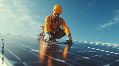 Wallpaper Mural Electrical engineer installs solar panels on rooftop during bright afternoon with clear blue sky Torontodigital.ca